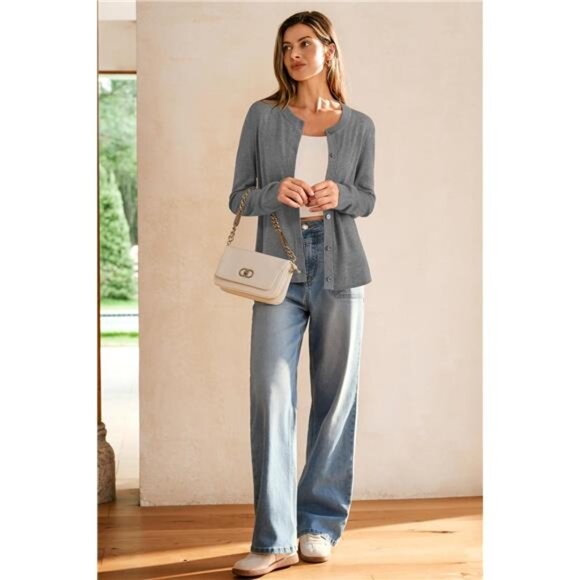 Women's Wool Blended Cardigan Sweaters Lightweight Grey - Picture 6 of 6